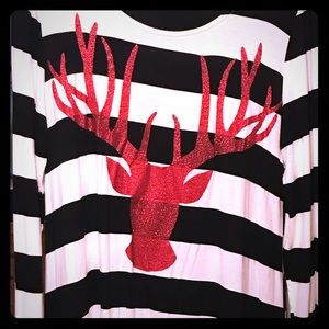 Black white stripe glitter red deer tunic dress